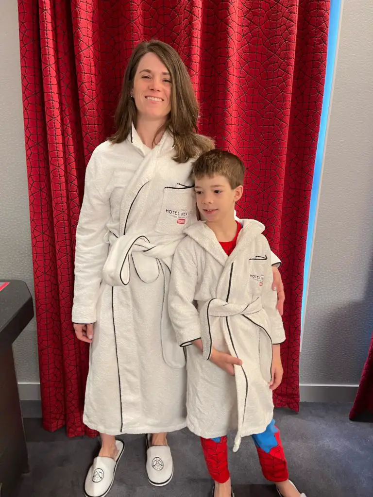 Spider-Man robes, slippers, and curtains at the Spider-Man suite in Hotel New York. 