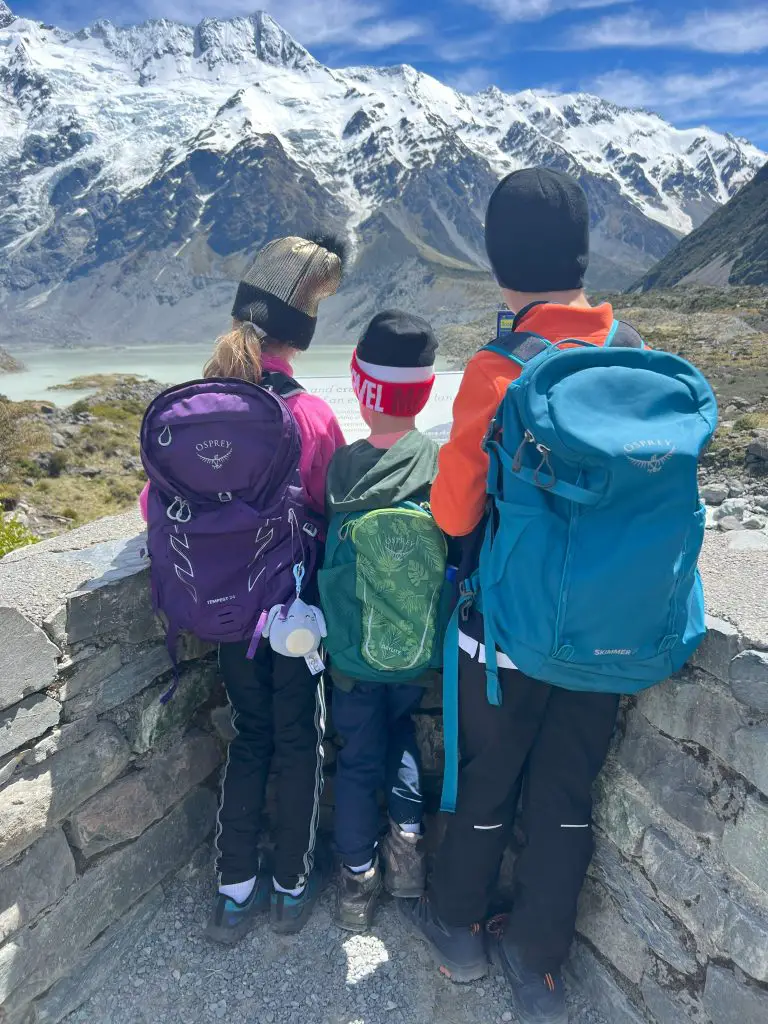 3 kids looking at Mueller Glacier on the Hooker Valley Track